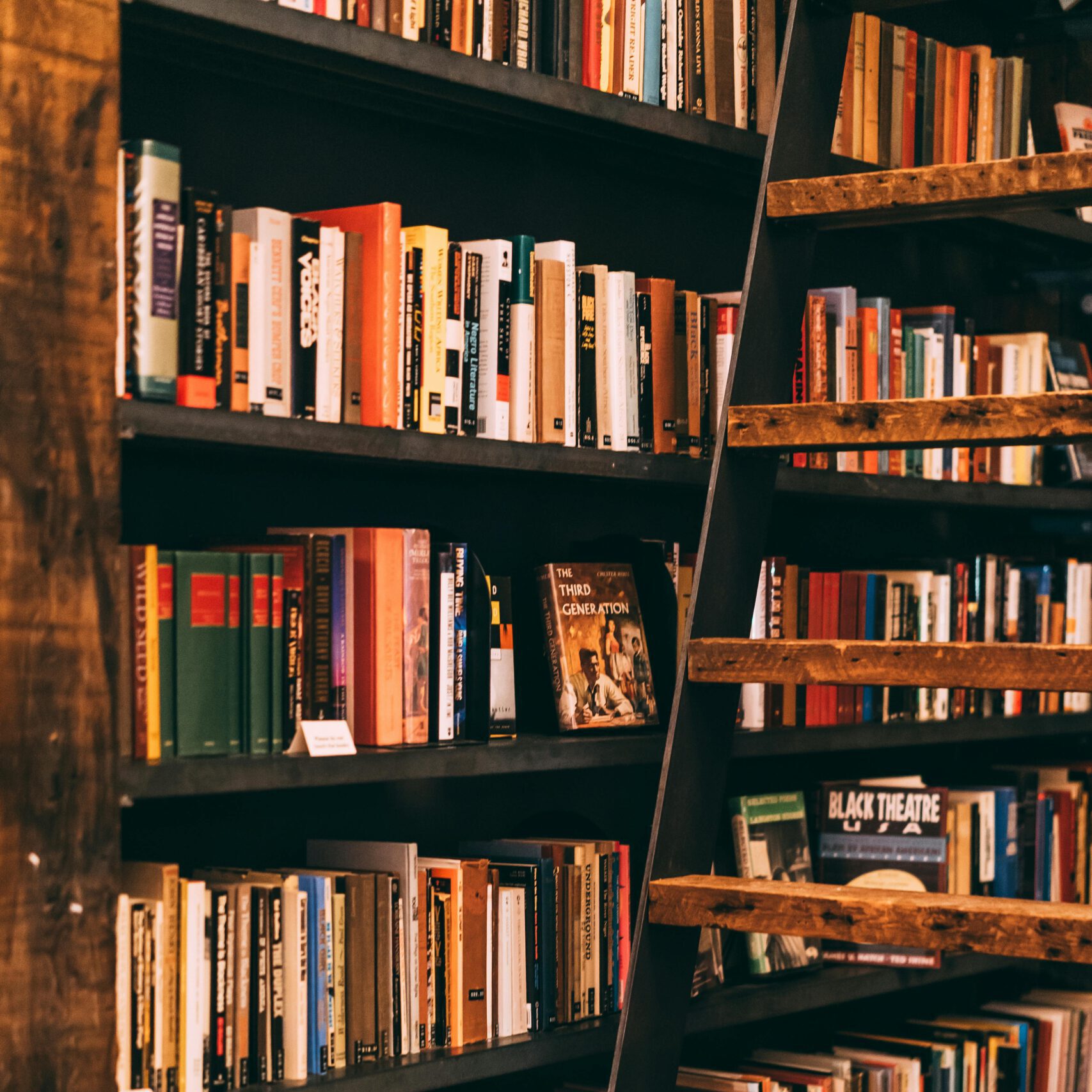 Warm, inviting library scene featuring wooden shelves filled with colorful books and a rustic ladder.